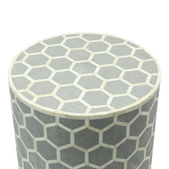 Maaya Bone Inlay Round drum Side Table Grey Honeycomb L