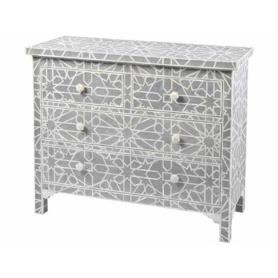 Maaya Bone Inlay Chest Of Drawer Grey White Geometric Pattern