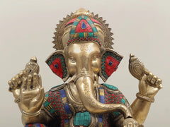 Indian Lord Ganesha Handmade Brass Statue With Inlay Work