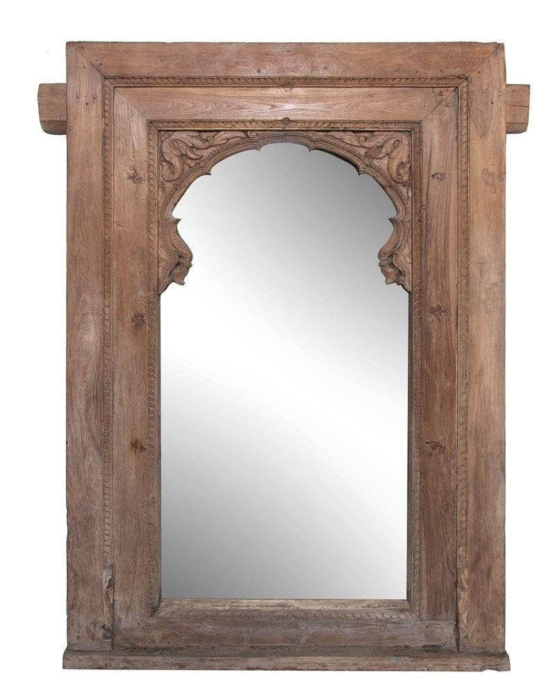 Hand Carved Indian Mehrab Arched Window Frame Mirror Natural