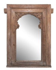 Hand Carved Indian Mehrab Arched Window Frame Mirror Natural