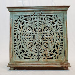 Dynasty French Hand Carved Doors Buffet Sideboard Blue wash Rustic 90x40x90cm