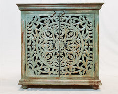 Dynasty French Hand Carved Doors Buffet Sideboard Blue wash Rustic 90x40x90cm