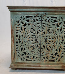 Dynasty French Hand Carved Doors Buffet Sideboard Blue wash Rustic 90x40x90cm