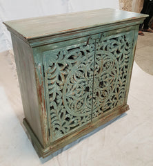 Dynasty French Hand Carved Doors Buffet Sideboard Blue wash Rustic 90x40x90cm