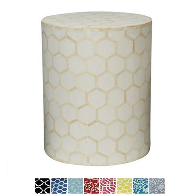 Maaya Bone Inlay Round drum Side Table White Honeycomb L