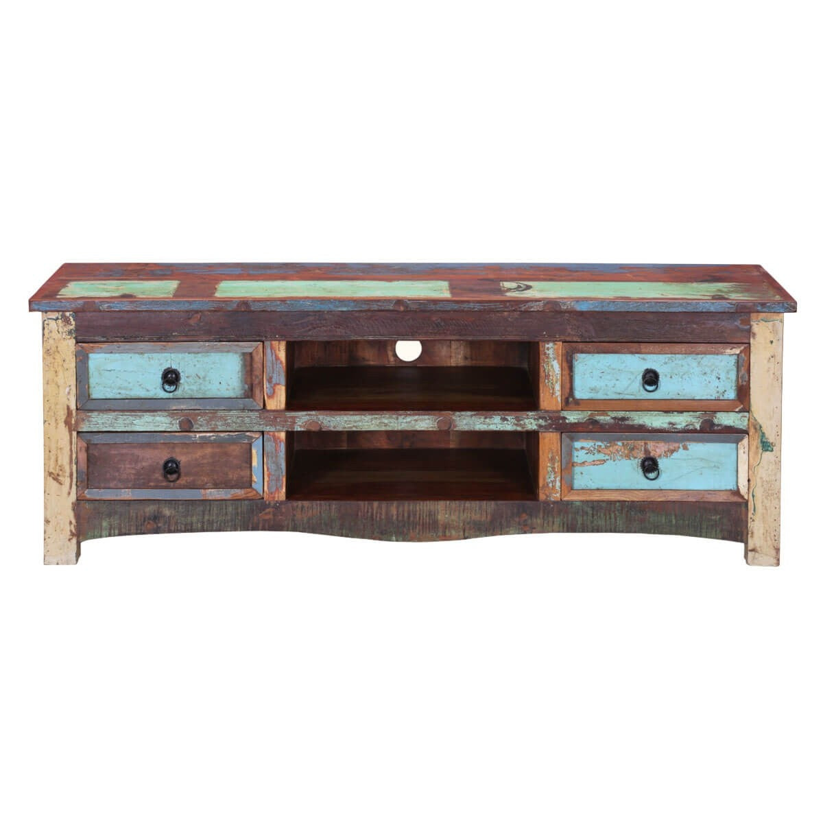 Rustica Indian Reclaimed Wood Open Shelf 4 Drawer TV Media Console