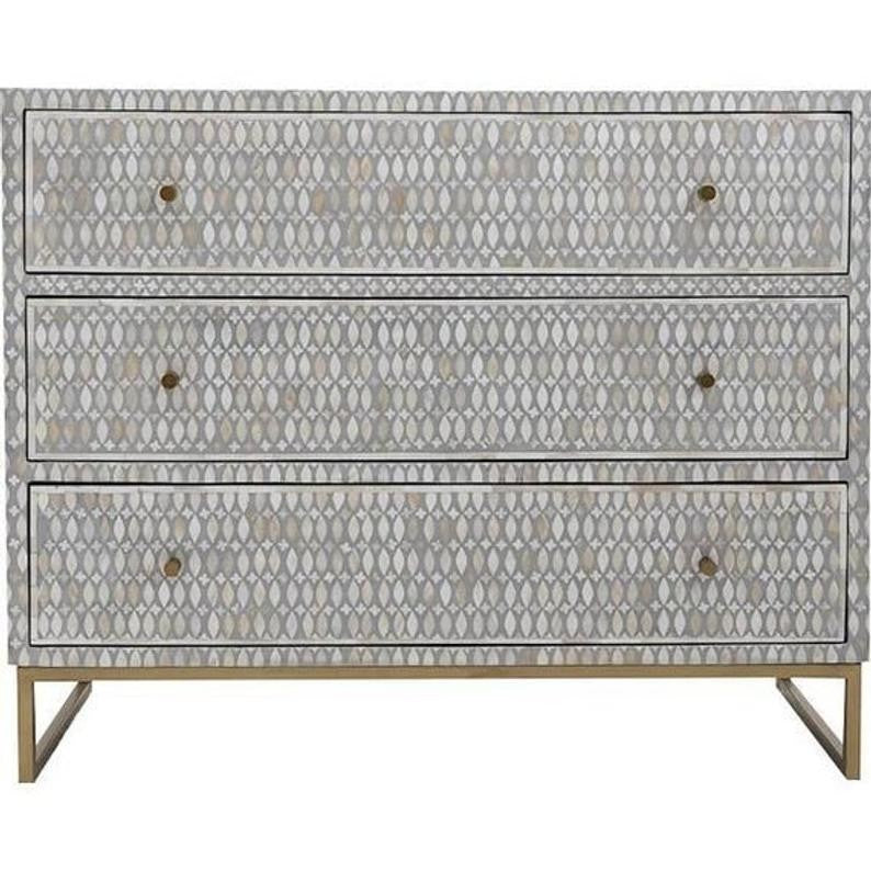 Maaya Bone Inlay Chest Of Drawer Grey White Geometric Pattern
