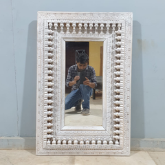 Handcrafted Indian Furniture Carved Wooden Mirror Frame Whitewash 90X5X60CM