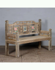 Indian Hand Carved Reclaimed Wood Bench B9