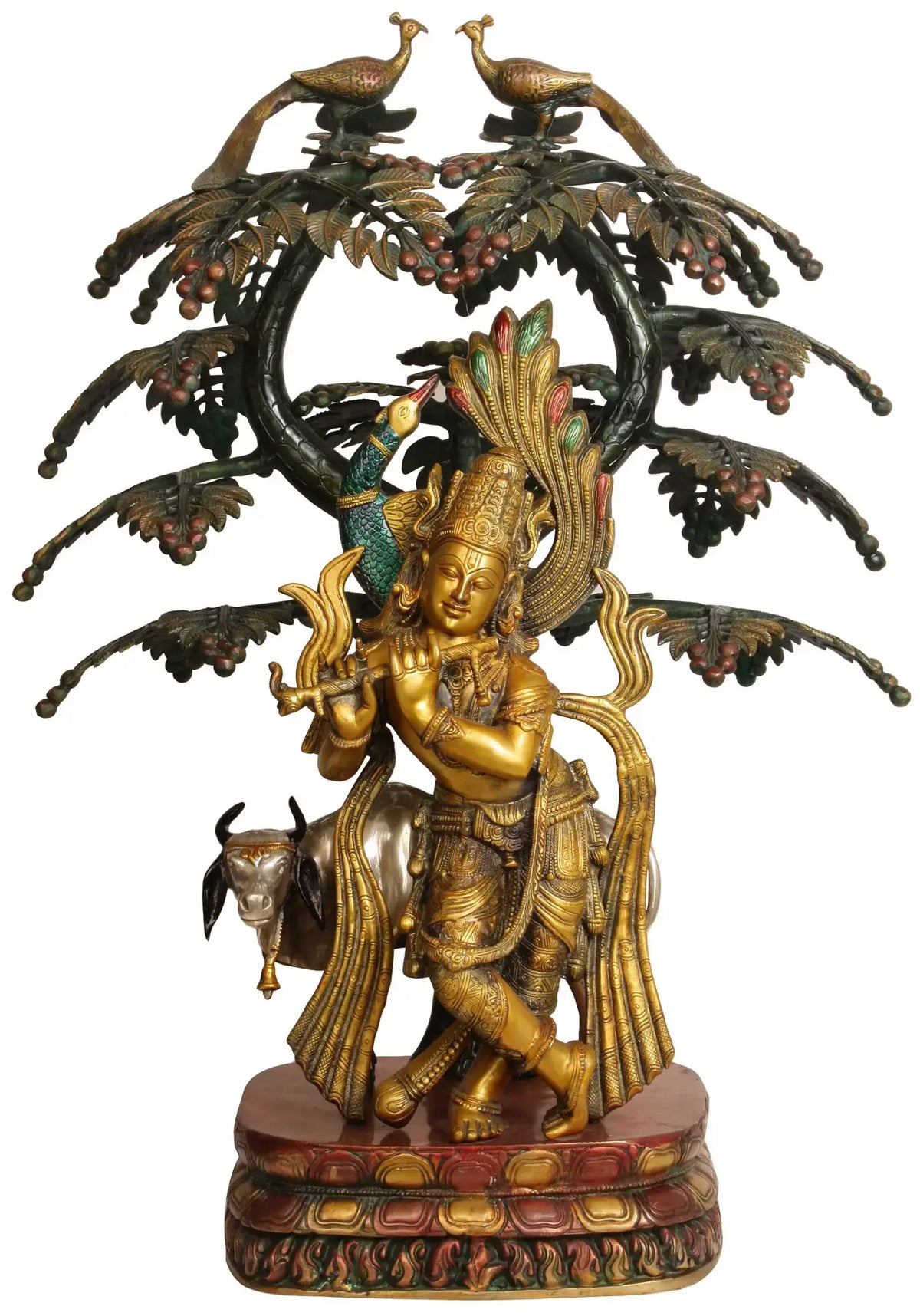 Indian Lord Krishna Fluting Under a Blooming Tree with Cow In Brass Statue