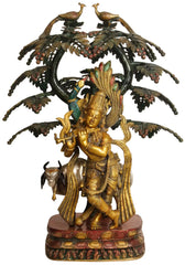 Indian Lord Krishna Fluting Under a Blooming Tree with Cow In Brass Statue