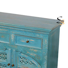 Indian Hand Carved Solid Wood Cabinet Light Blue D135