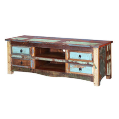 Rustica Indian Reclaimed Wood Open Shelf 4 Drawer TV Media Console