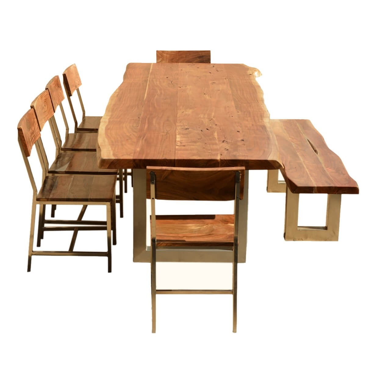 Live Edge Dining Table w 6 Chairs & Bench - Acacia Wood & Iron