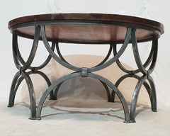 Solid wood Round Drum coffee table with Industrial metal legs 90x90x46cm