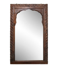 Hand Carved Indian Arched Window Frame Mirror Brown