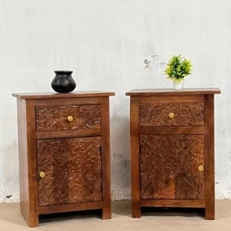 Indian Handmade Carved Solid Hard Wood Bedside Table with Door & Drawer in Brown 50x30x60Cm