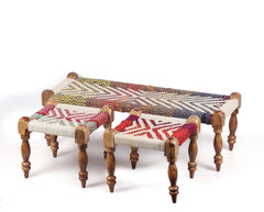 Indian Solid Wood Handmade Charpai Bench Set with 2 Stools Khat Manjhi Woven Charpai