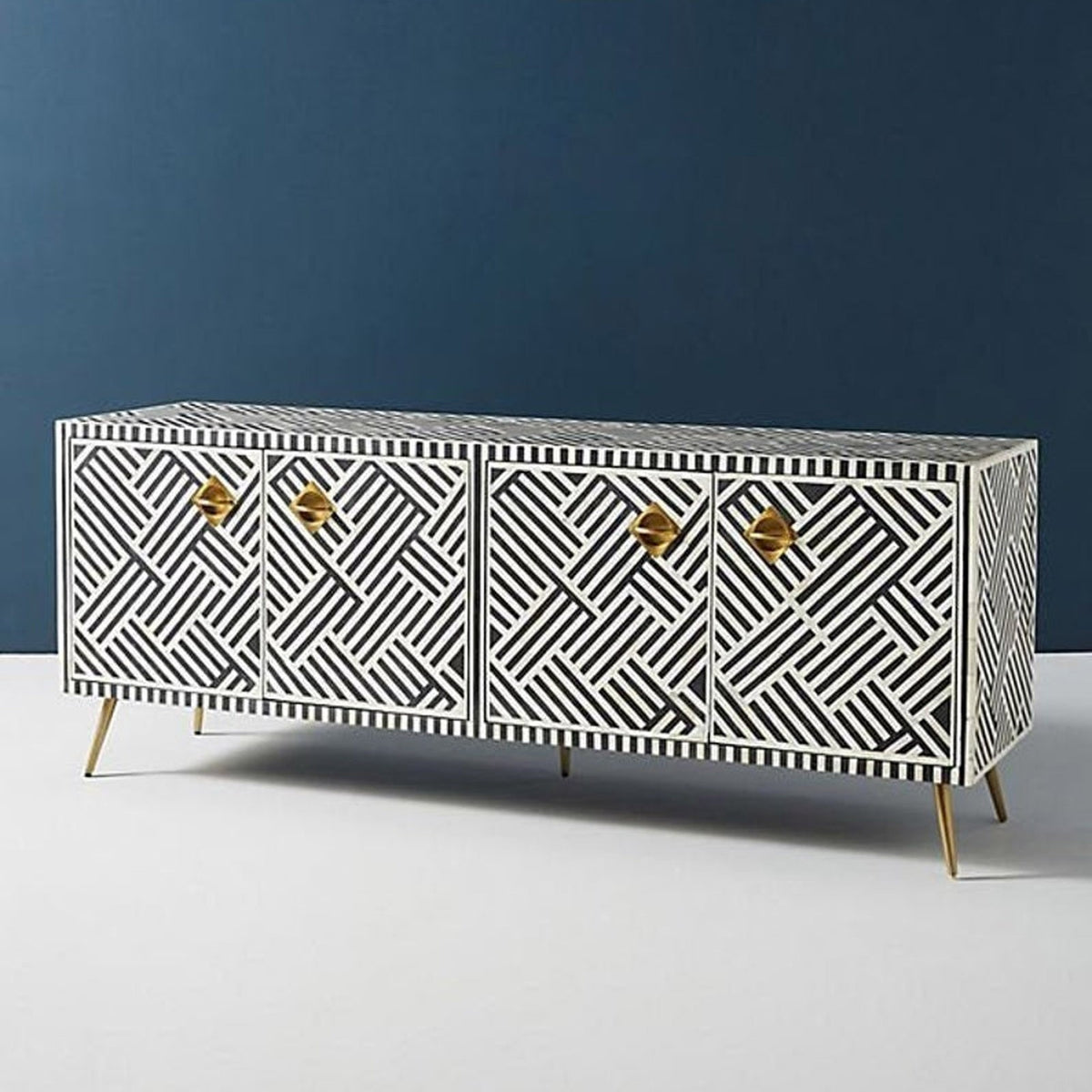 Maaya Bone Inlay Tv Unit Black White Hatch Pattern