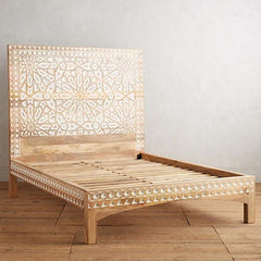 Mughal Garden Geometrical Carved Natural Bed Frame 2 Tone