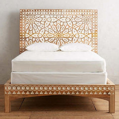 Mughal Garden Geometrical Carved Natural Bed Frame 2 Tone