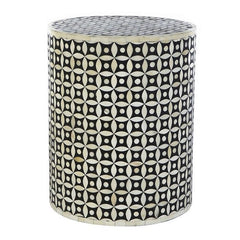 Maaya Bone Inlay Round drum Side Table Black Geometry L