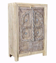 Antique Vintage 2 Doors Cabinet Solid Natural Wood Indian Brocante