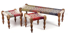 Indian Solid Wood Handmade Charpai Bench Set with 2 Stools Khat Manjhi Woven Charpai