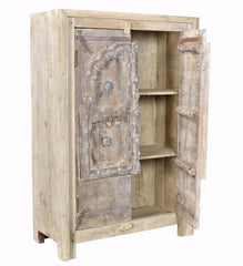 Antique Vintage 2 Doors Cabinet Solid Natural Wood Indian Brocante