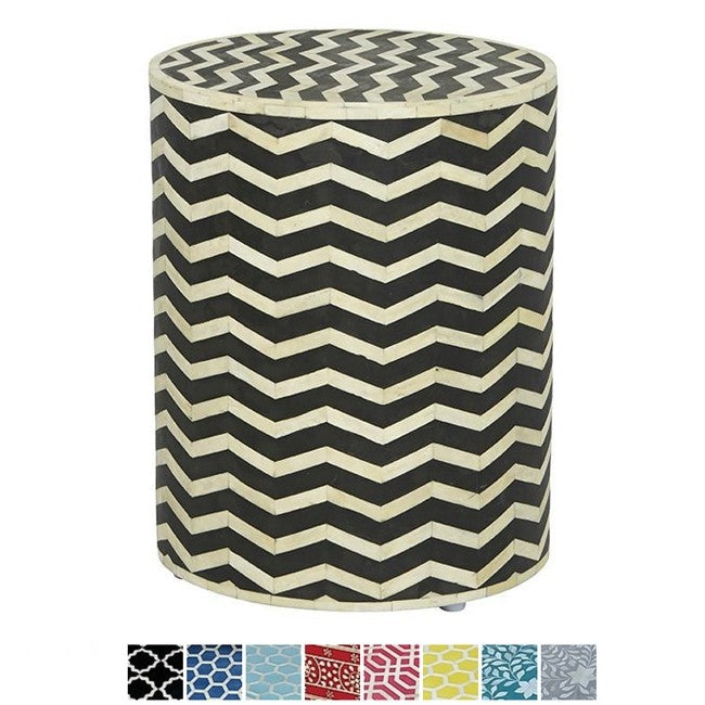 Maaya Bone Inlay Round Drum Side Table Black Zigzag L