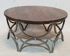 Solid wood Round Drum coffee table with Industrial metal legs 90x90x46cm