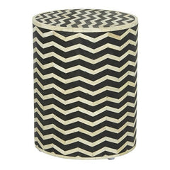 Maaya Bone Inlay Round Drum Side Table Black Zigzag L