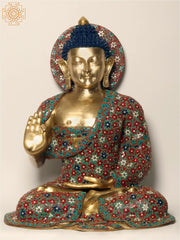 Indian Lord Buddha in Vitark Mudra Brass With Inlay Work In Brass Statue