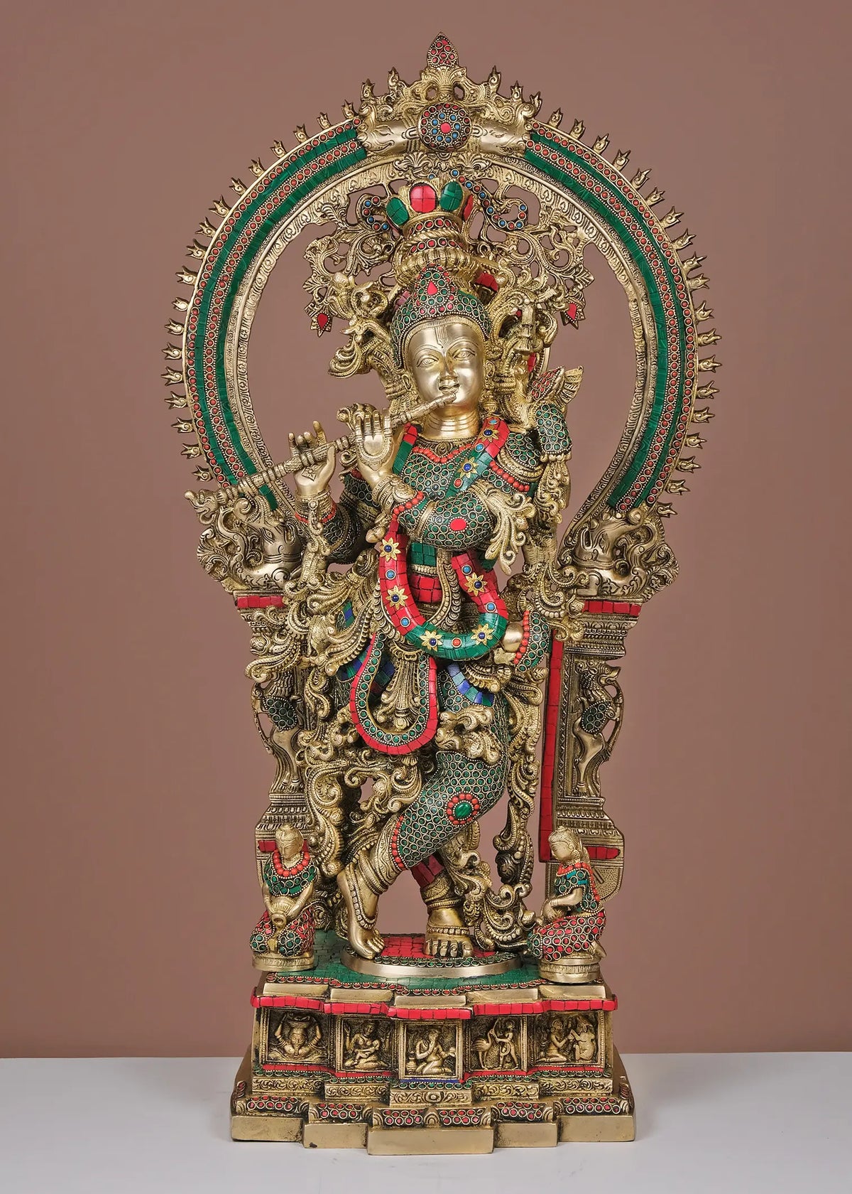 Indian Lord Krishna Playing Flute Brass Statue With Inlay Work