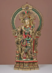 Indian Lord Krishna Playing Flute Brass Statue With Inlay Work