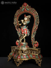 Indian Lord Krishna Playing Flute Brass Statue With Inlay Work