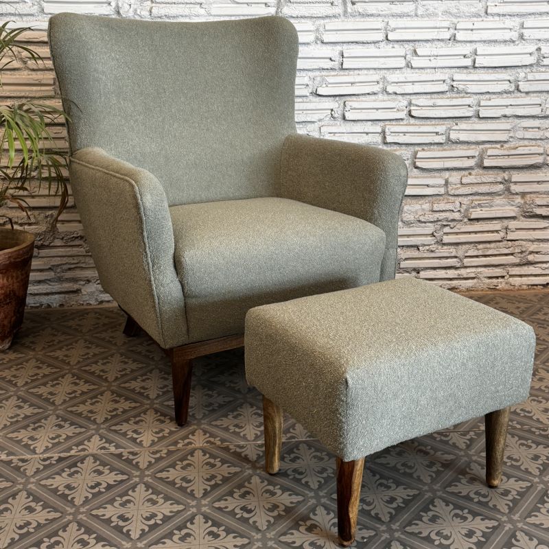 Indian Boucle Armchair With Ottomon Green