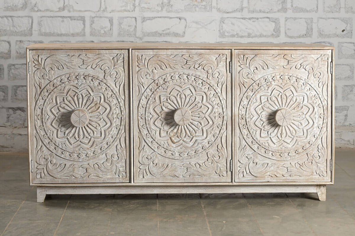 Indian Handmade Carved Solid Wood Sideboard White