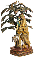 Indian Lord Krishna Fluting Under a Blooming Tree with Cow In Brass Statue