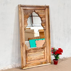 Handcrafted Indian Furniture Carved Wooden Wall Lining Mirror Frame Natural 80x50x150Cm