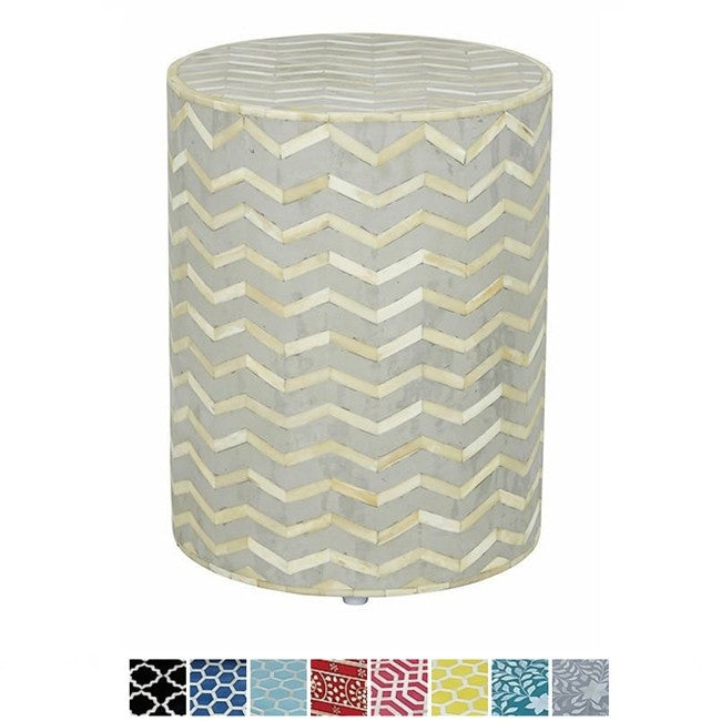 Maaya Bone Inlay Round drum Side Table Grey Zigzag L