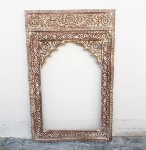 Indian Hand Carved Mehrab Wooden Mirror Frame White Distress 75x120 cm