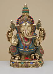 Indian Lord Ganesha Handmade Brass Statue With Inlay Work