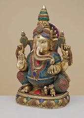 Indian Lord Ganesha Handmade Brass Statue With Inlay Work