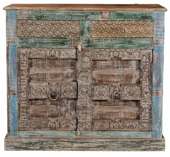 Antique Vintage Doors Cabinet With Drawers Solid Natural Wood Indian Brocante