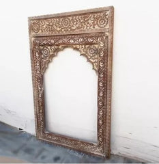 Indian Hand Carved Mehrab Wooden Mirror Frame White Distress 75x120 cm