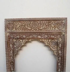 Indian Hand Carved Mehrab Wooden Mirror Frame White Distress 75x120 cm