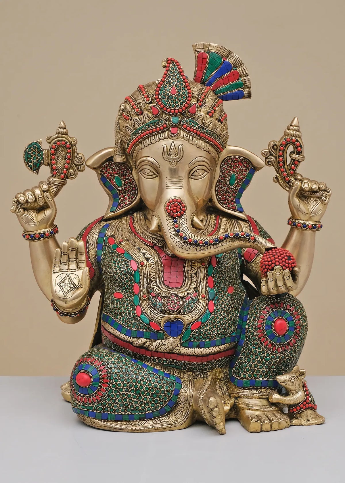 Indian Lord Ganesha Handmade Brass Statue With Inlay Work