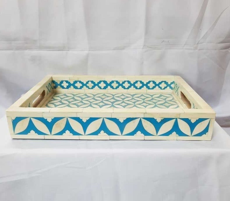 Real Bone Inlay Designer Rectangular Tray Blue